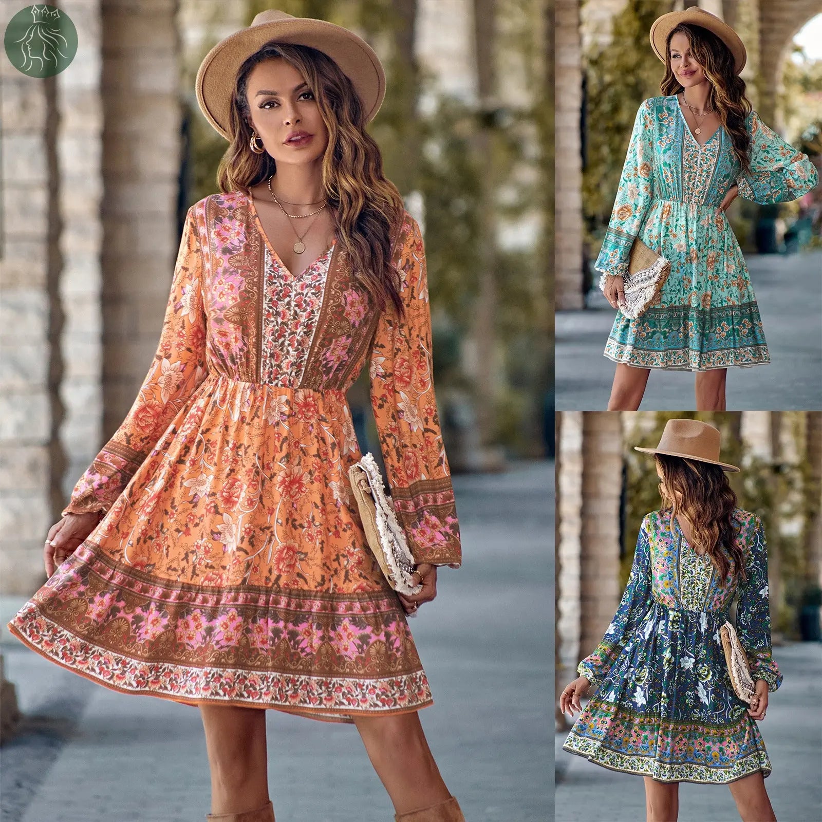 Printed V-neck Waist-controlled Long Sleeves Dress Women - Eloy Royal