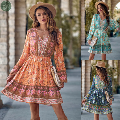 Printed V-neck Waist-controlled Long Sleeves Dress Women - Eloy Royal