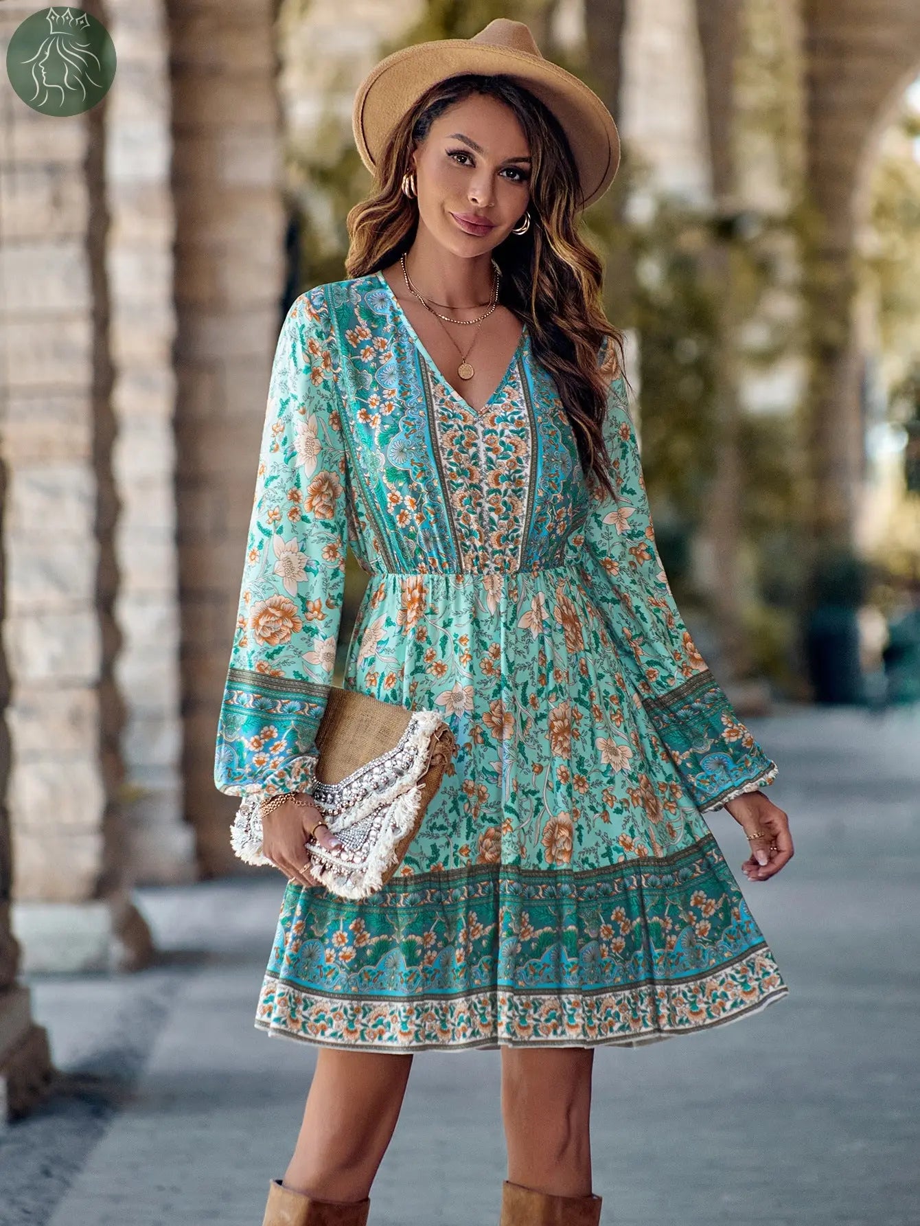 Printed V-neck Waist-controlled Long Sleeves Dress Women - Eloy Royal