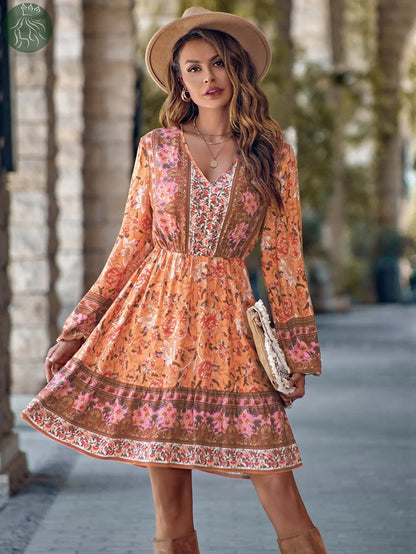 Printed V-neck Waist-controlled Long Sleeves Dress Women - Eloy Royal