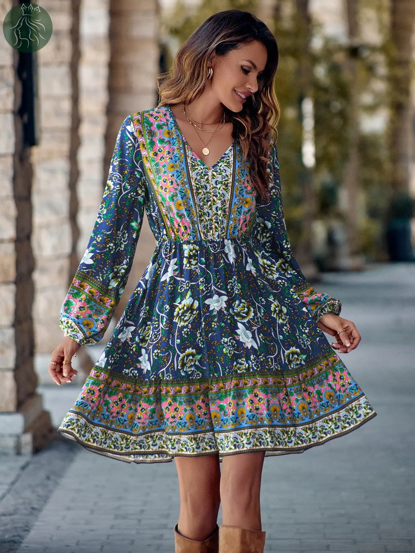 Printed V-neck Waist-controlled Long Sleeves Dress Women - Eloy Royal