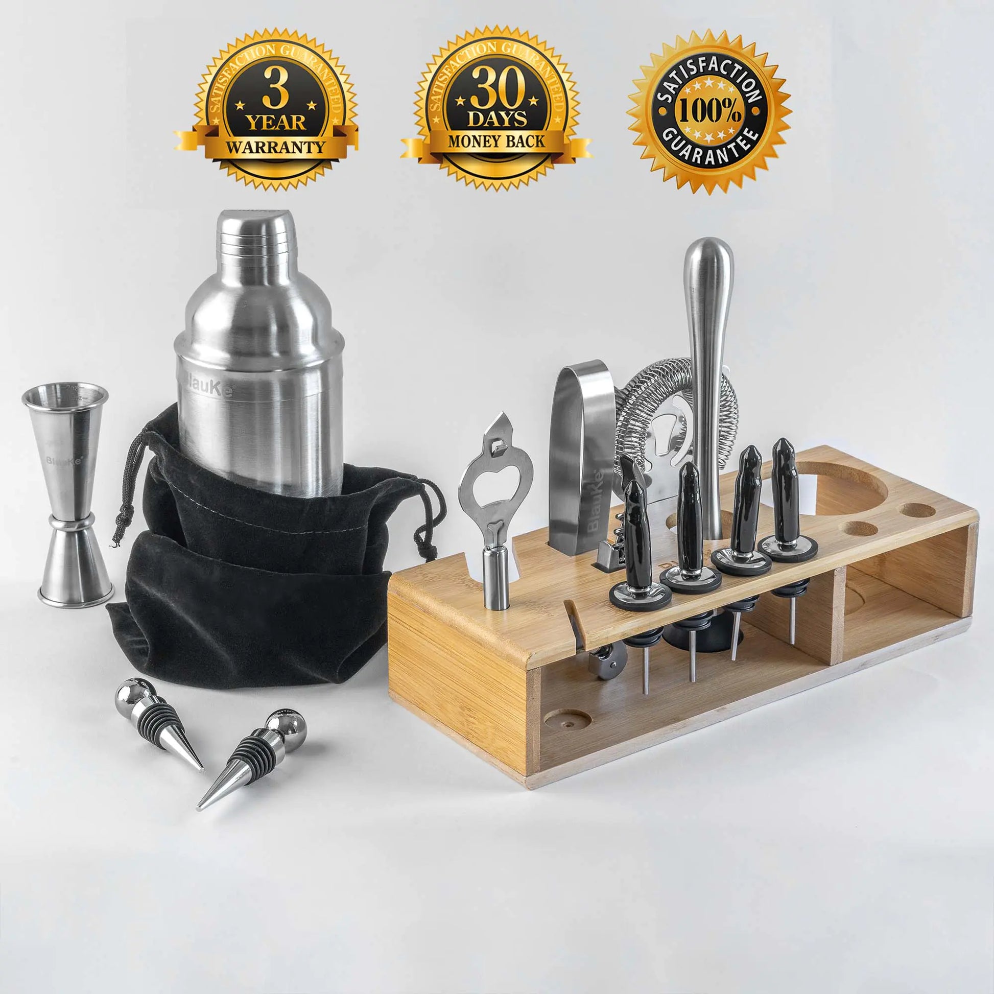 Stainless Steel Cocktail Shaker Set with Stand - 17-Piece Mixology Bartender Kit, Bar Set - 25oz Martini Shaker, Jigger, Strainer, Muddler, Mixing Spoon - Eloy Royal