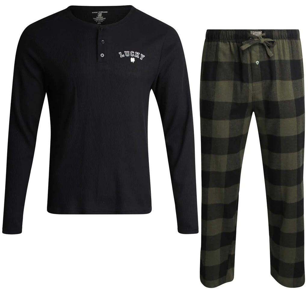 Lucky Brand Mens Pajama Set - 2 Piece Sleepwear Gift Box Set - Long Sleeve Shirt and Flannel Lounge Pants for Men (S-XL) Size X-Large Jet Blackfour Leaf Clover Plaid