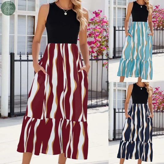 Round Neck Sleeveless Long Dress Summer Fashion Striped Print Dresses Womens Clothing - Eloy Royal