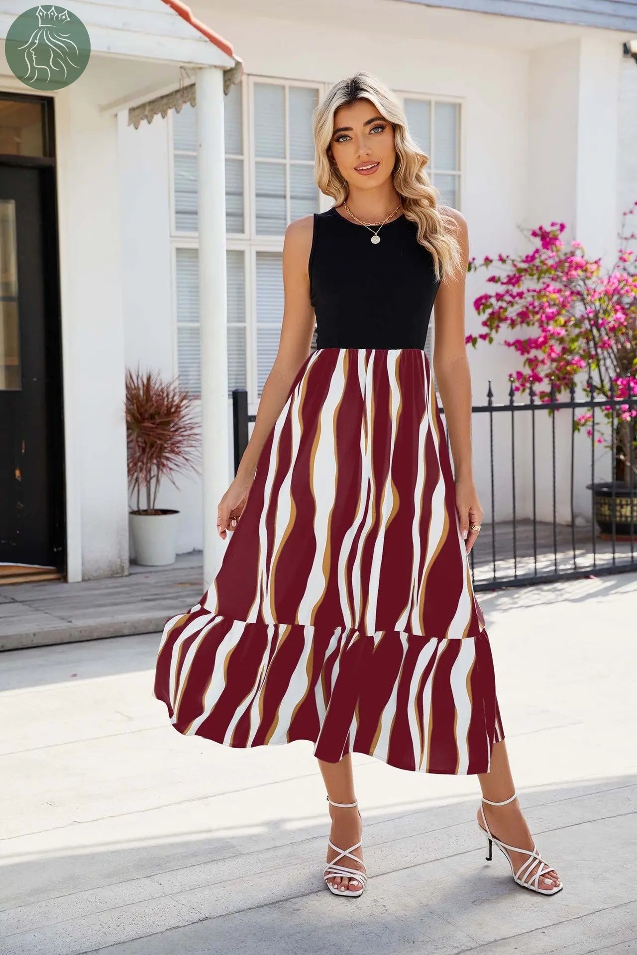 Round Neck Sleeveless Long Dress Summer Fashion Striped Print Dresses Womens Clothing - Eloy Royal