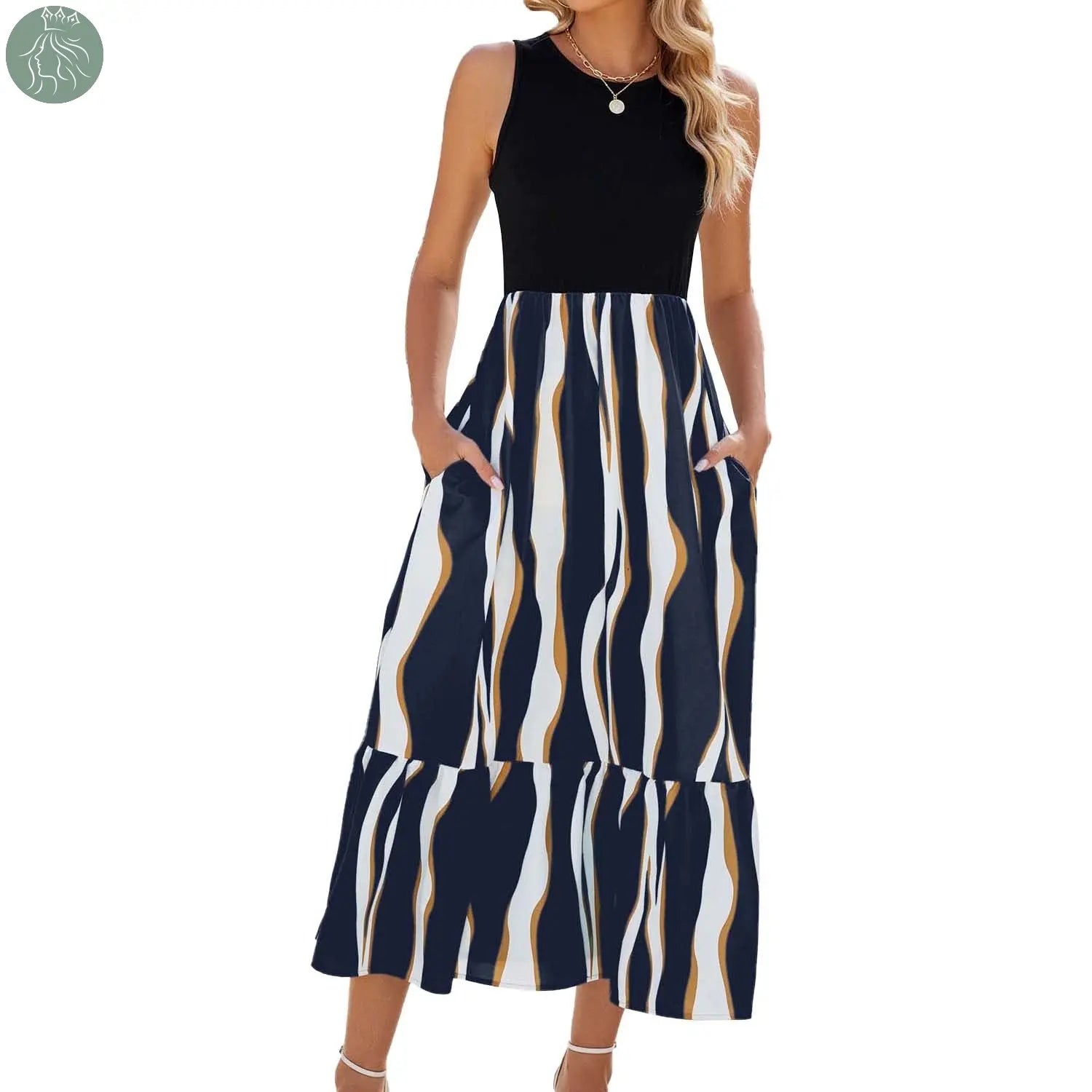 Round Neck Sleeveless Long Dress Summer Fashion Striped Print Dresses Womens Clothing - Eloy Royal