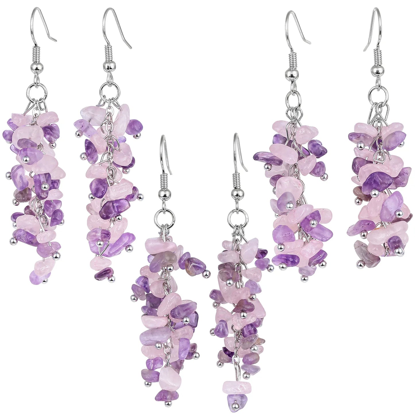 Bohemian Women Natural Crystal Irregular Crushed Stone Grape Shape Tassel Hook Dangle Earrings Wedding Party Charm Jewelry