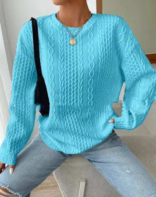 Women's Casual Jacquard Oversized Round Neck Hoodie Blue XXL
