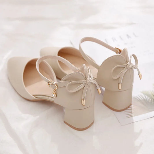 2023 Pumps Women Bow Mid Heels Two-Piece Shoes Buckle Pointed Toe Footwear Ladies Summer Elegant Shoes Female Beige apricot - Eloy Royal