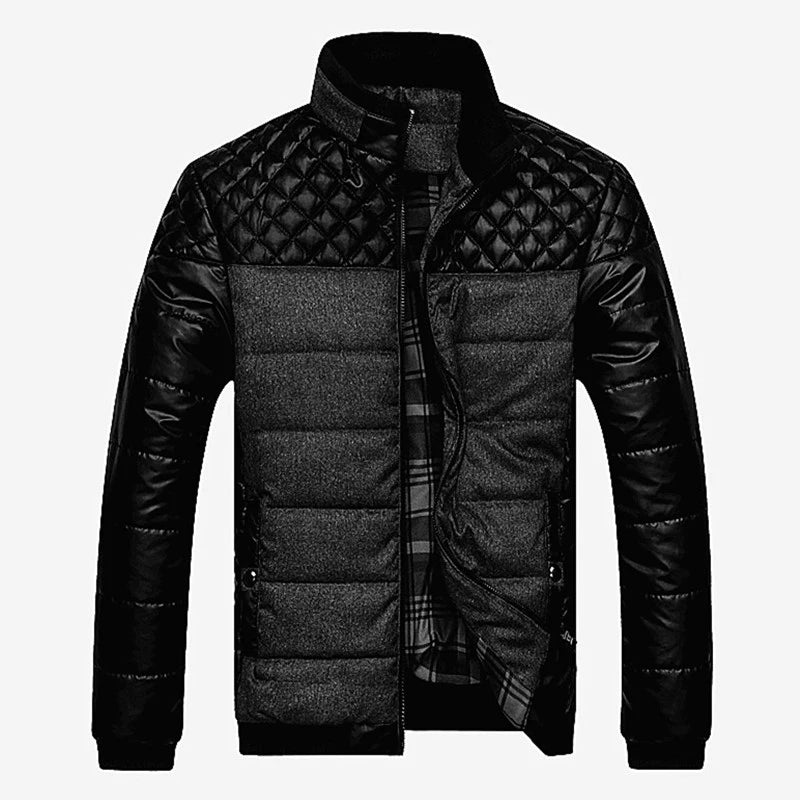 DIMUSI Winter Men Parkas Fashion Mens Cotton Thick Padded Jackets Male Casual PU Patchwork Design Outerwear Coats Clothing YA745 Black