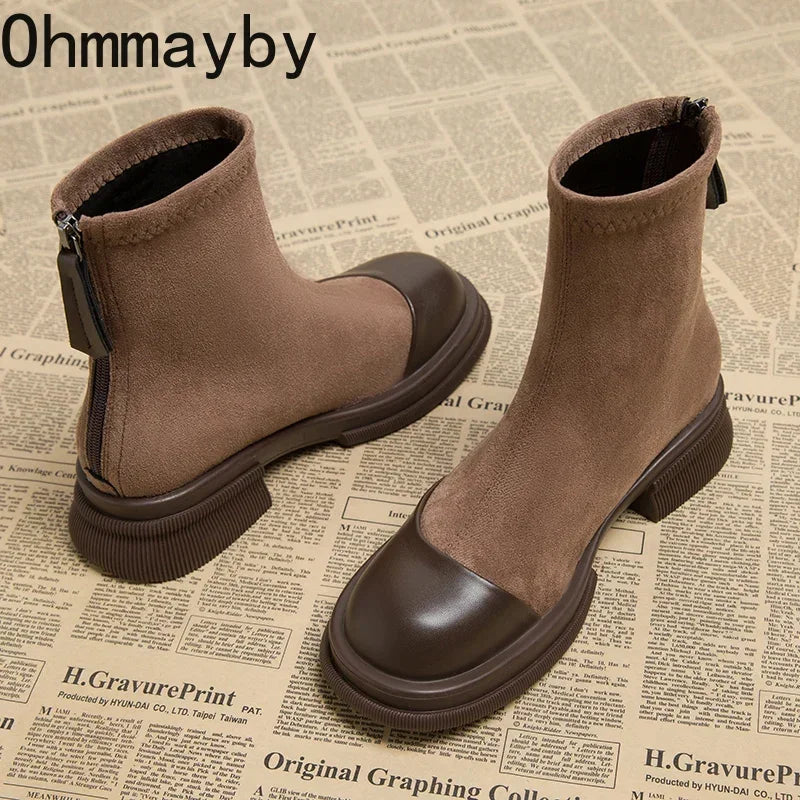 Winter Short Plush Women Ankle Boots Fashion Round Toe Ladies Cotton Short Booties Elegant Square Low Heel Women's Footwear - Eloy Royal