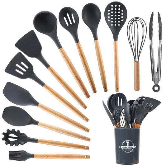 Kitchen Utensils Set Silicone Cookware Eco-friendly Wood Handle Kitchen Cooking Tool Grey Spatula Turner Ladle Kitchenware - Eloy Royal