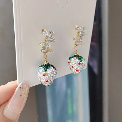 Colorful Stereo Simulation Strawberry Dangle Earring Shiny Zircon Fruit Drop Earring Female Lovely Sweet Girl for Women Jewelry