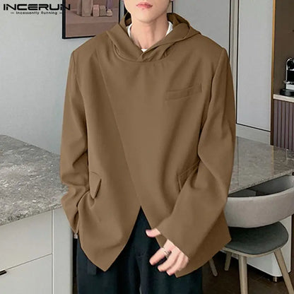 INCERUN Tops 2023 Korean Style Handsome Men Hooded Diagonal Placket Design Suit Solid All-match Casual Street Male Blazer S-5XL