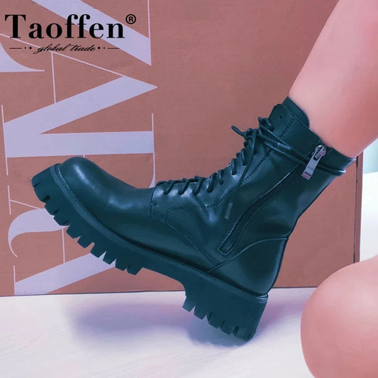 Taoffen New Women'S Ankle Boots Real Leather Lace Up Women Winter Shoes Fashion Cool Short Boots Women Footwear Size 34-42 - Eloy Royal