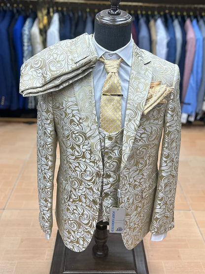 High Quality Floral Printed Wedding Men Suit Three-Piece Slim Fit Stage Costume Banquet Party Male Blazer Jacquard Fashionable