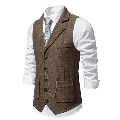 Men's Retro Lapel Chain Vest Fashion Herringbone Coarse Tweed Pockets Suit Vest British Casual Vintage Gentleman Leisure Party