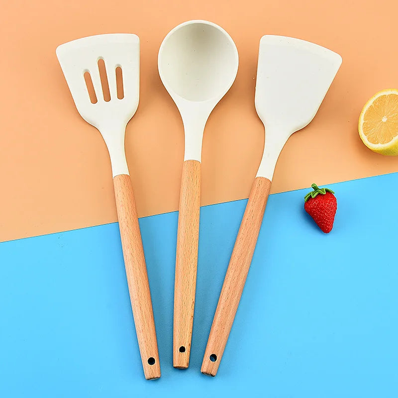 1pc silicone kitchenware set with short wooden handle, non stick pot, spoon, spatula, food clip, scraper, oil brush creamy white - Eloy Royal