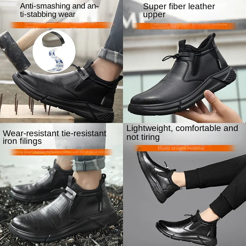 Black Leather Waterproof Safety Work Shoes For Men Steel Toe Office Boots Shoes Indestructible Construction Male Boots Footwear - Eloy Royal