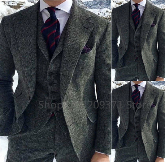 Gray Herringbone Winter Suit for Men Wool Tweed Slim Fit Formal Groom Wedding Tuxedo 3 Piece Sets Business Wedding Male Suits