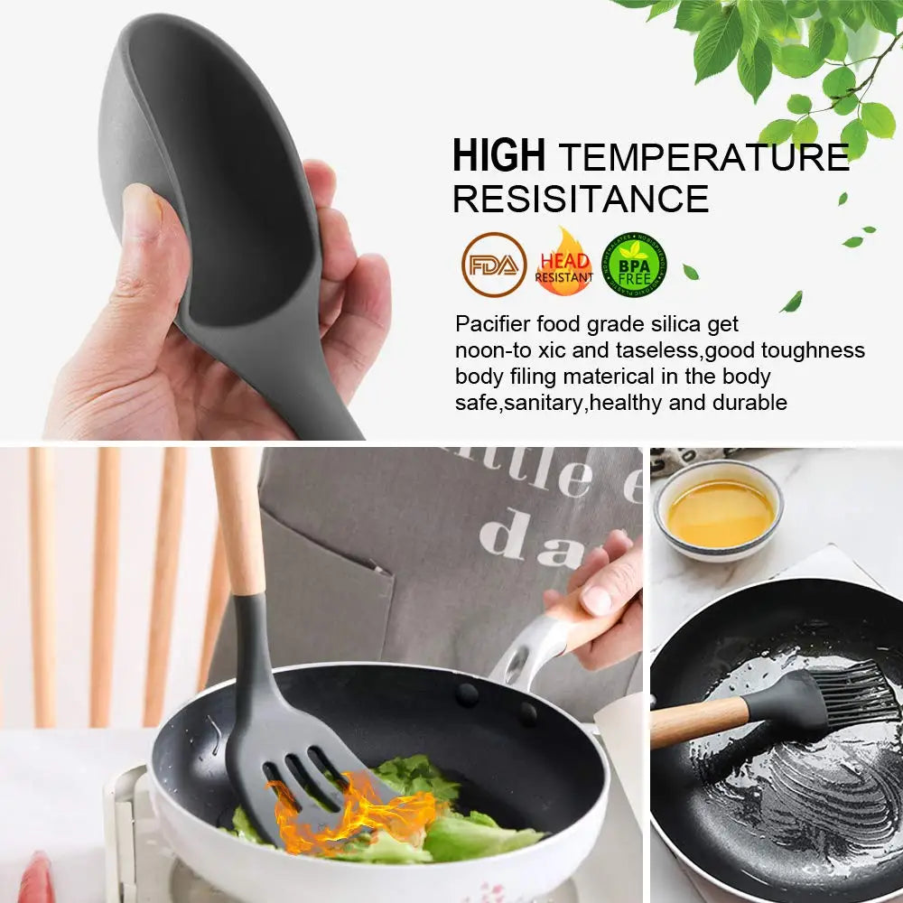 Kitchen Utensils Set Silicone Cookware Eco-friendly Wood Handle Kitchen Cooking Tool Grey Spatula Turner Ladle Kitchenware - Eloy Royal