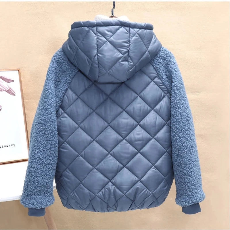 Thin Light Down Cotton Jacket Female Short Coat Autumn Winter Women's 2023 New Hooded Loose Lmitation Lamb Wool Cotton Jacket