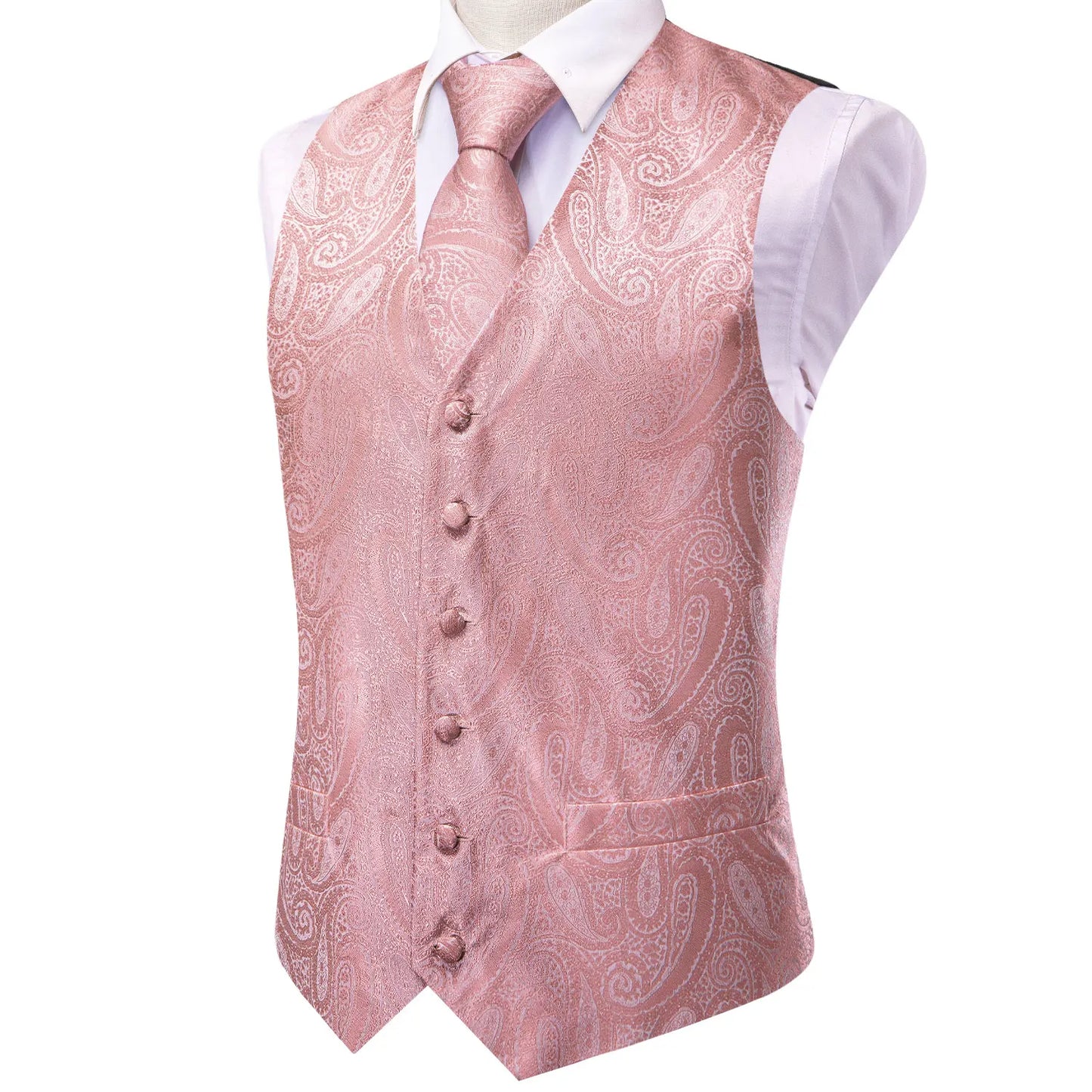 Wedding Peach Pink Mens Vests Silk Paisley Jacquard Waistcoat Tie Hanky Cufflinks Brooch Set for Men Suit Formal Business Hi-Tie