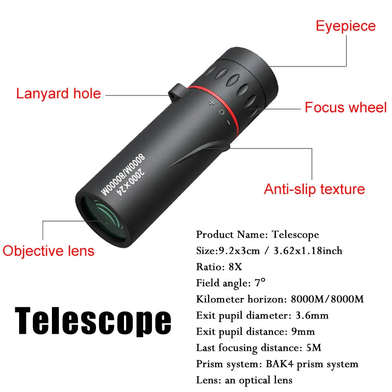 2000x24 HD Monocular Telescope Outdoor Mini Portable Zoom Telescope Phone Telescope Clip Tripod Camping Birdwatching Telescopes - Eloy Royal