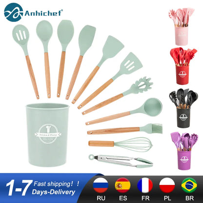 Silicone Kitchen Utensils Set Non-Stick Cookware for Kitchen Wooden Handle Spatula Egg Beaters Kitchenware Kitchen Accessories - Eloy Royal