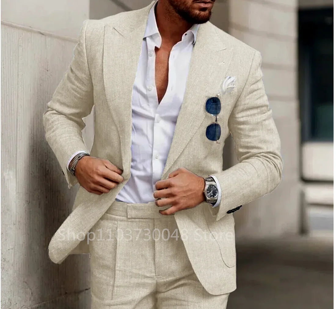 Elegant Beige Linen Men Suit Smart Casual Single Breasted Slim Fit Blazer with Pants High Quality 2 Piece Costume Homme