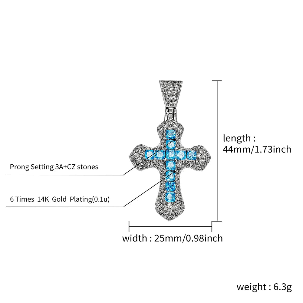 TOPGRILLZ New Classic Shiny Cross Necklace Iced Baguette Blue Zirconia Pendant Fashion Female Religious Jesus Hip Hop Jewelry - Eloy Royal