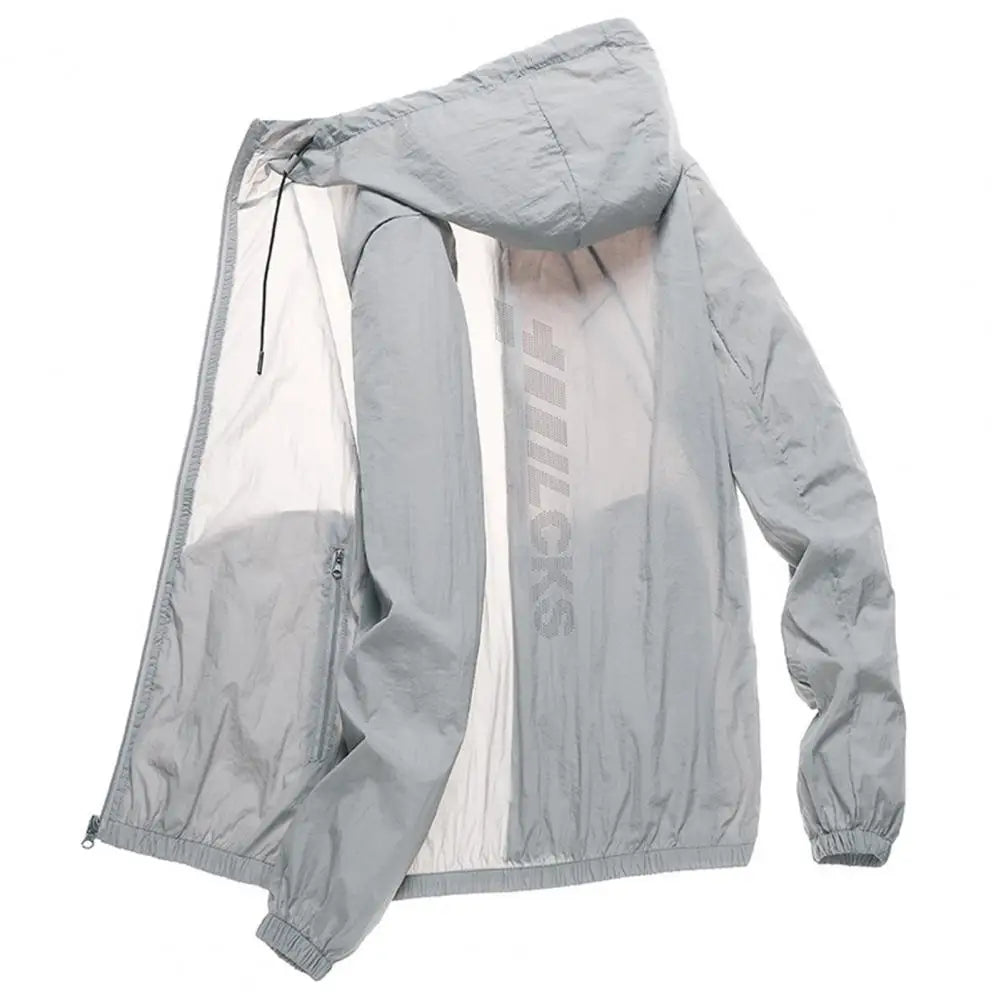 Hooded Long Sleeve Pockets Zipper Placket Windbreaker Jacket Men Ultra Thin Sun Protection Coat Summer Running Camping Jacket Grey