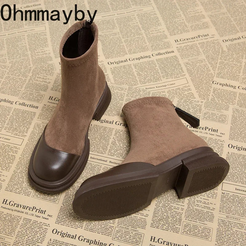 Winter Short Plush Women Ankle Boots Fashion Round Toe Ladies Cotton Short Booties Elegant Square Low Heel Women's Footwear - Eloy Royal