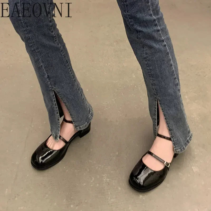 New Mary Jane Shoes Buckle Pumps Women Thick Heels Elegant Shallow Square Toe Footwear Party Office Lady Leather Shoes - Eloy Royal