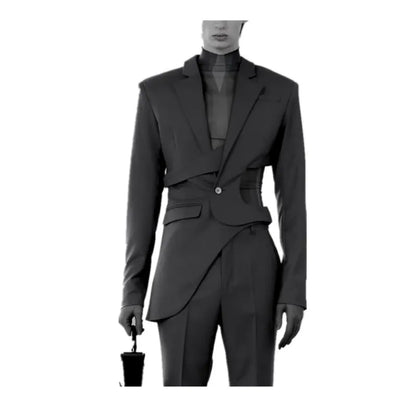 Four seasons men slim short asymmetrical suit large size casual splicing hollow decoration jacket