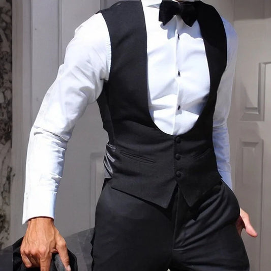 Black Men Vest for Wedding Groom One Piece Slim Fit Suit Waistcoat Solid Color Male Fashion Coat