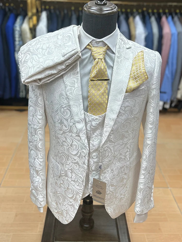 High Quality Floral Printed Wedding Men Suit Three-Piece Slim Fit Stage Costume Banquet Party Male Blazer Jacquard Fashionable