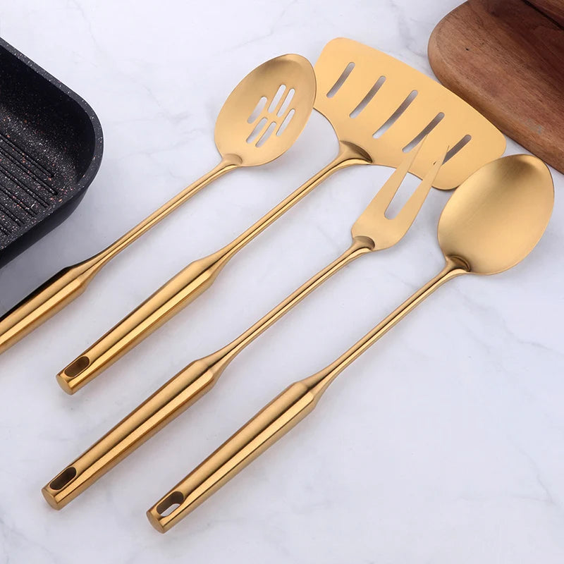 1pc Gold Kitchenware Set Long Handle Cooking Tools Metal Polish Slotted Turner Stainless Steel Kitchen Accessories Utensil - Eloy Royal