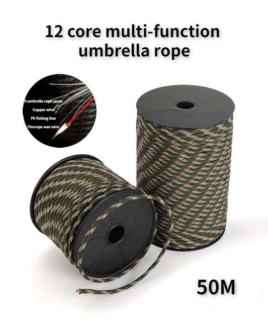 50m 12 Strand 650 Military 4mm Paracord Camping Survival 9x Parachute Cores 1x Fishing Line 1x Copper Wire 1x Fire Wire