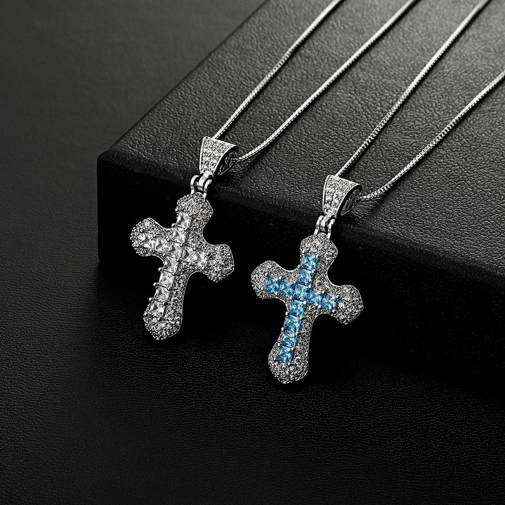 TOPGRILLZ New Classic Shiny Cross Necklace Iced Baguette Blue Zirconia Pendant Fashion Female Religious Jesus Hip Hop Jewelry - Eloy Royal