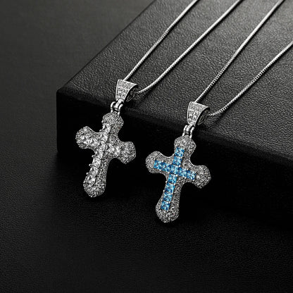 TOPGRILLZ New Classic Shiny Cross Necklace Iced Baguette Blue Zirconia Pendant Fashion Female Religious Jesus Hip Hop Jewelry - Eloy Royal