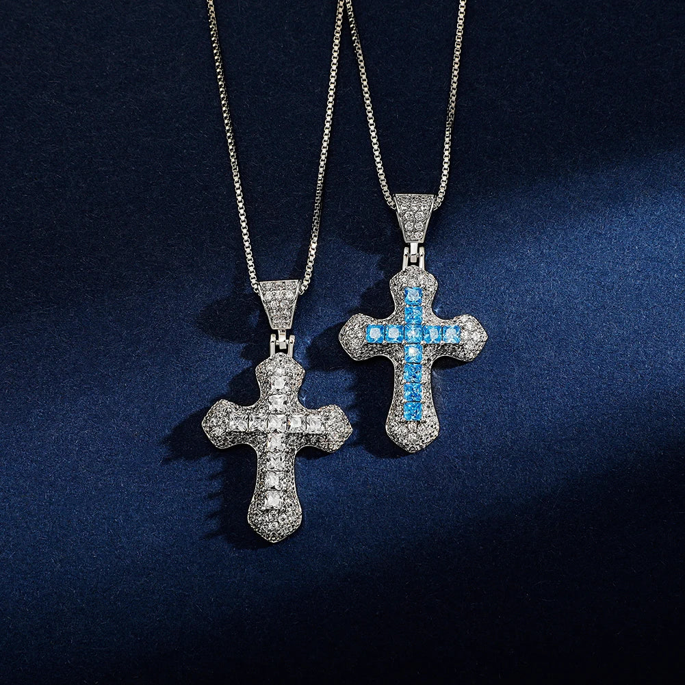 TOPGRILLZ New Classic Shiny Cross Necklace Iced Baguette Blue Zirconia Pendant Fashion Female Religious Jesus Hip Hop Jewelry - Eloy Royal