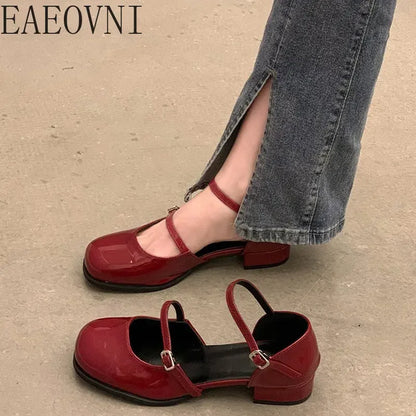 New Mary Jane Shoes Buckle Pumps Women Thick Heels Elegant Shallow Square Toe Footwear Party Office Lady Leather Shoes - Eloy Royal