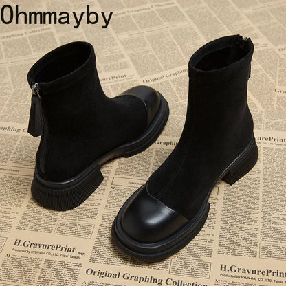 Winter Short Plush Women Ankle Boots Fashion Round Toe Ladies Cotton Short Booties Elegant Square Low Heel Women's Footwear - Eloy Royal