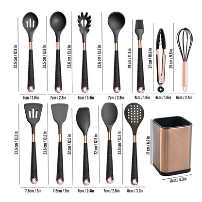 Silicone Cooking Utensils Set Kitchen Non-stick Tool Gold Plated Handle Gadgets BPA FREE Kitchenware Heat Resistant Spatula Set - Eloy Royal