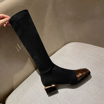 Shoes for Woman Silver Women's Boots Winter Knee High Shaft Footwear Elastic Long Sock Middle Heel Comfortable and Elegant Gyaru - Eloy Royal