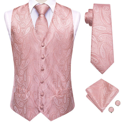 Wedding Peach Pink Mens Vests Silk Paisley Jacquard Waistcoat Tie Hanky Cufflinks Brooch Set for Men Suit Formal Business Hi-Tie