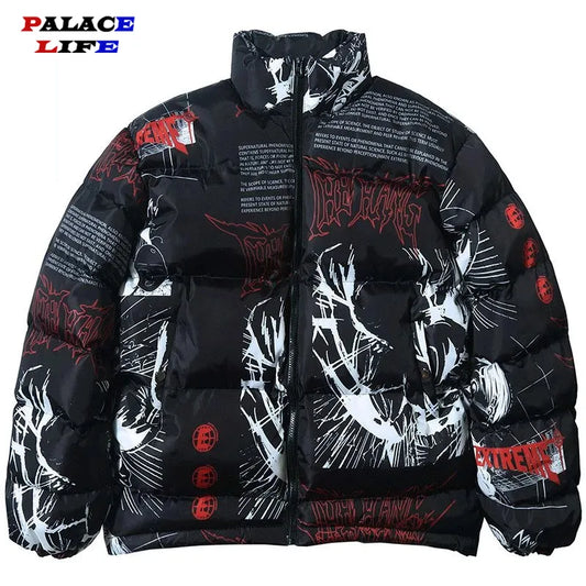 Hip Hop Graffiti Cartoon Anime Print Parkas Mens Streetwear Harajuku Winter Thickend Warm Zipper Padded Jacket Coats Unisex - Eloy Royal