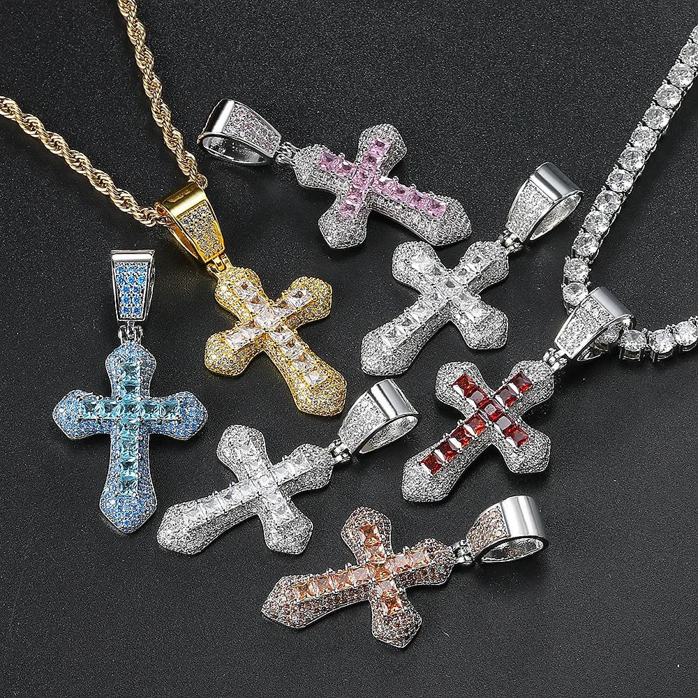 Iced Out Zirconia Cross Pendant Necklaces Fashion Hiphop Rapper's Stainless Steel Rope Chain on Neck Homme Trend Jewelry OHP141 - Eloy Royal