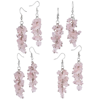 Bohemian Women Natural Crystal Irregular Crushed Stone Grape Shape Tassel Hook Dangle Earrings Wedding Party Charm Jewelry